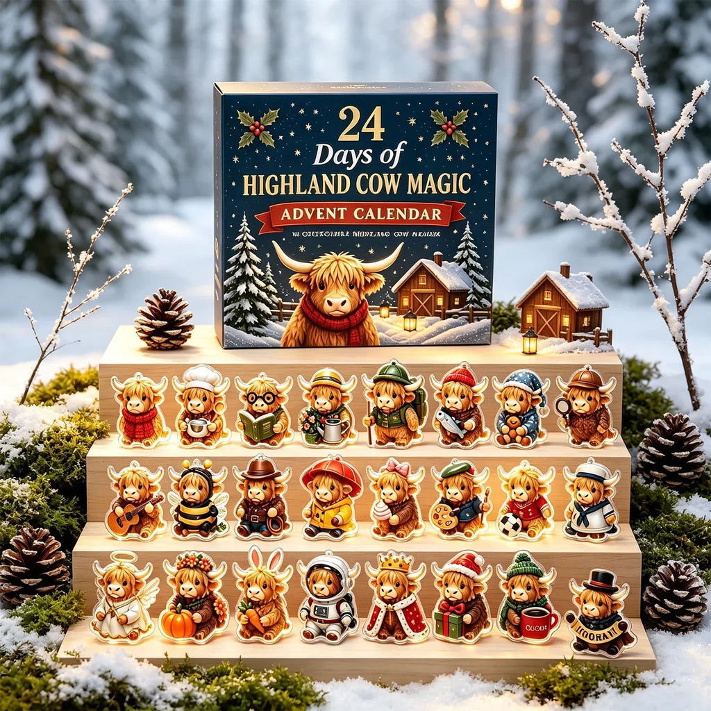 Kalendarz adwentowy z bydłem rasy highland i 24 dekoracyjnymi zawieszkami akrylowymi | MerryHigh