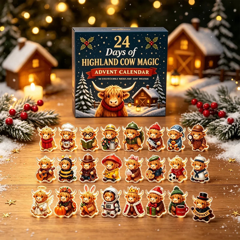 Kalendarz adwentowy z bydłem rasy highland i 24 dekoracyjnymi zawieszkami akrylowymi | MerryHigh