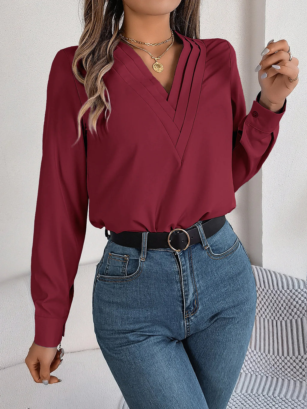 Bluse Chiffon V-hals Langærmet Casual | Mirela