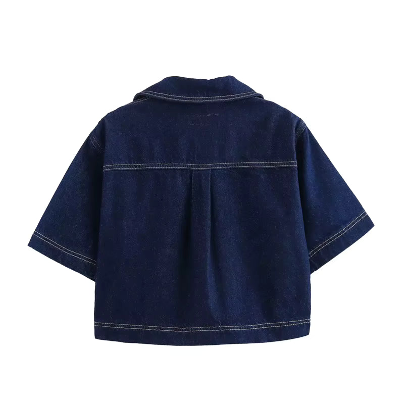 Cropped Denim Bluse Klassisk Krave | Luseva
