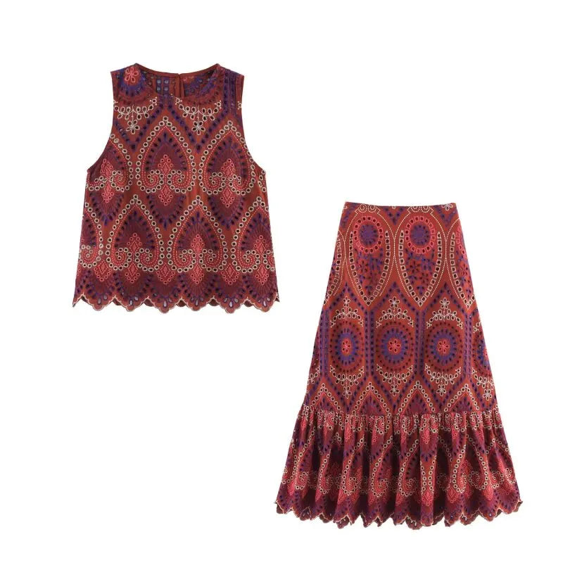 Top og Nederdel Broderet Boho Sommersæt | Camelia