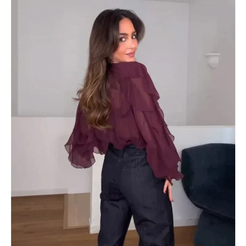 Dame Chiffonbluse V-Hals Flæser | Avelis
