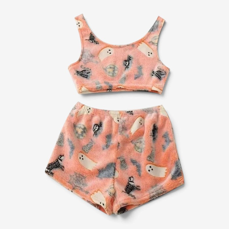 Halloween Pyjamassæt Dame Spøgelse Selvlysende Top Shorts Nattøj | Cristina
