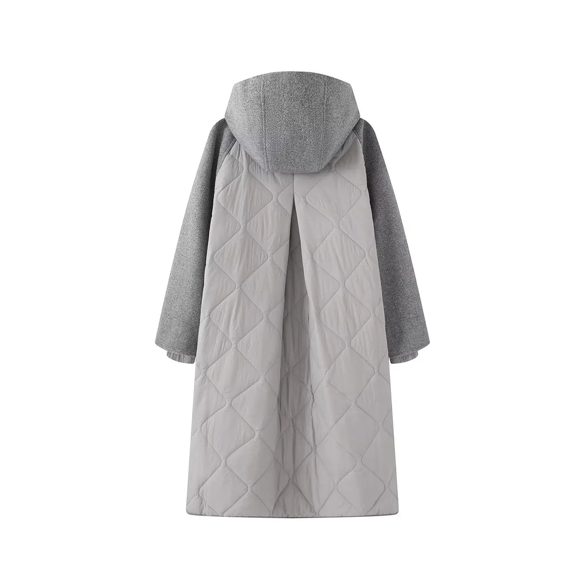 Lang damefrakke med hætte patchwork lommer løs pasform og knaplukning | Gabrielle