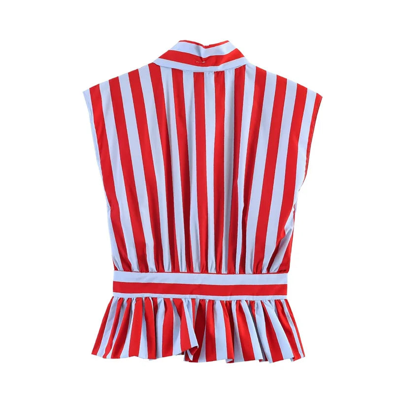 Stribet Ærmeløs Bluse med Sløjfekrave Regular Fit | Espera