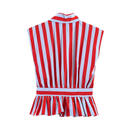Stribet Ærmeløs Bluse med Sløjfekrave Regular Fit | Espera