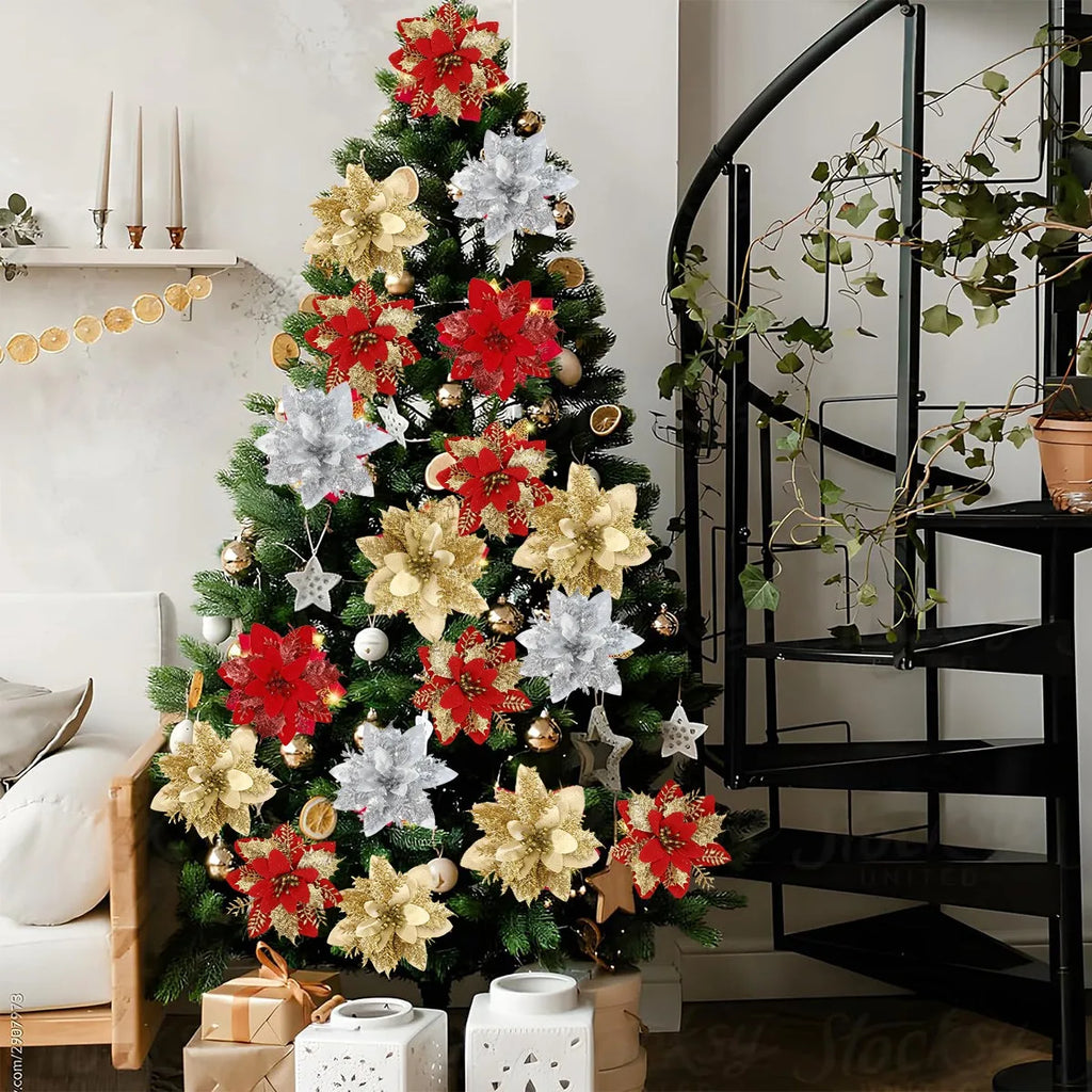 Kunstige juleblomster med glitter til juletræ kranse og festlige juledekorationer | Pénélope