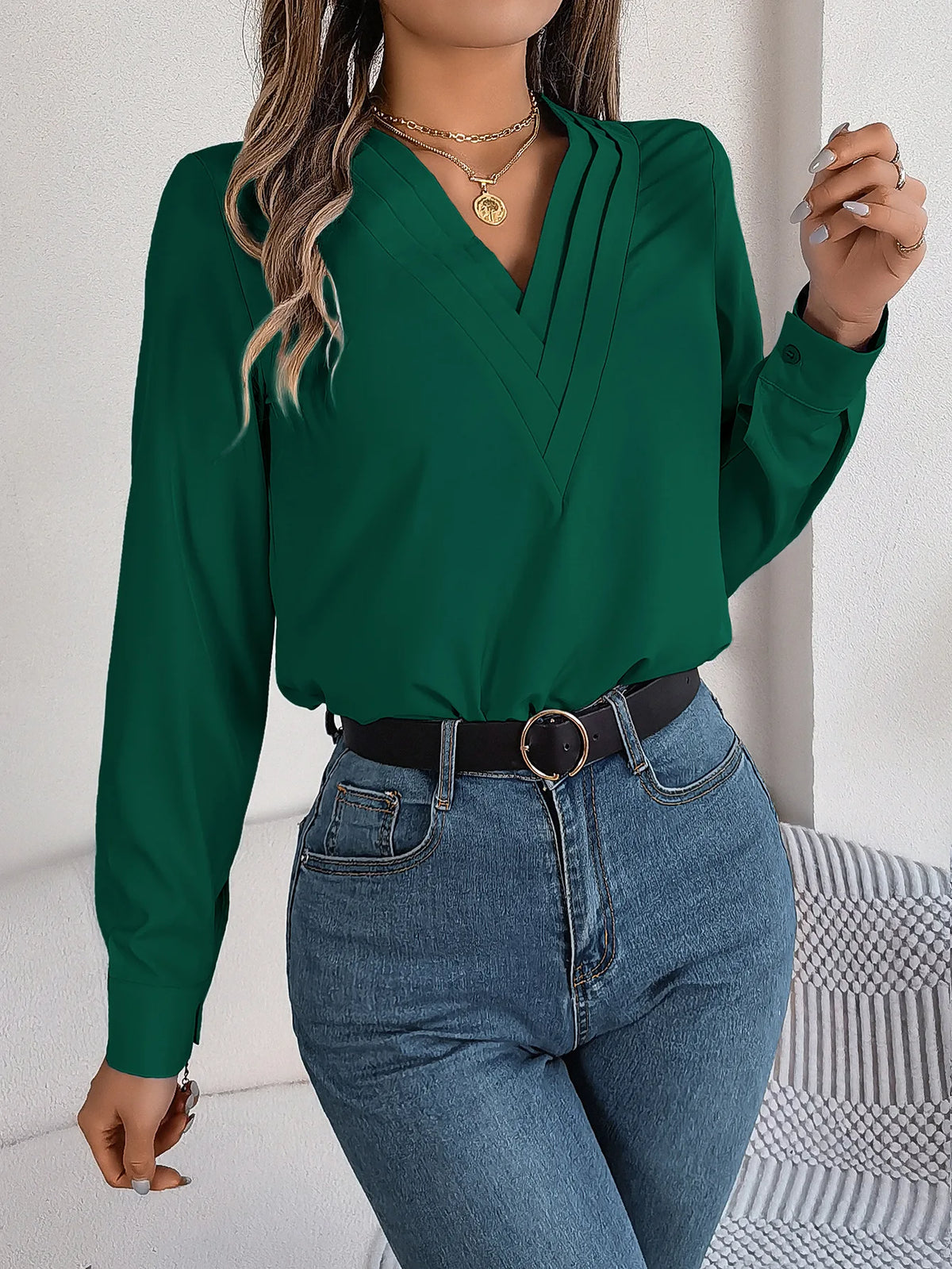Bluse Chiffon V-hals Langærmet Casual | Mirela