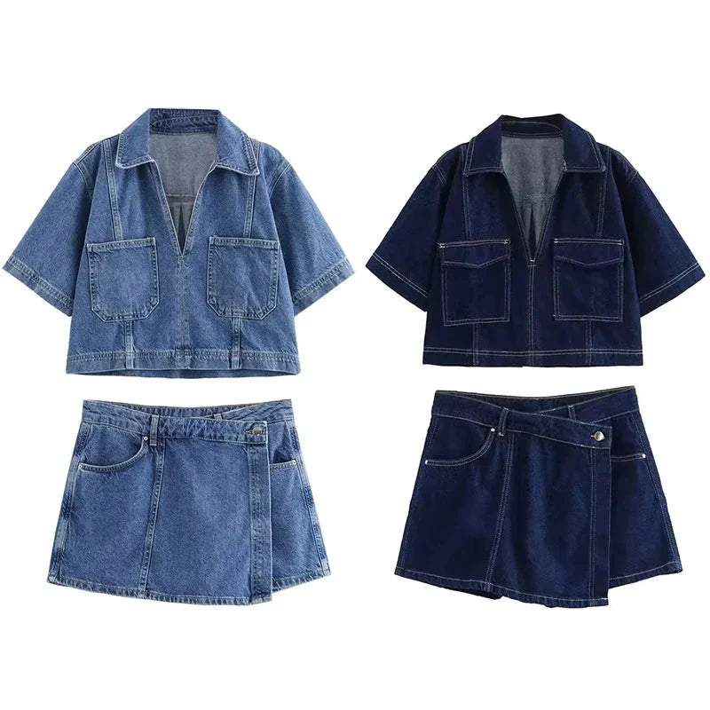 Cropped Denim Bluse Klassisk Krave | Luseva