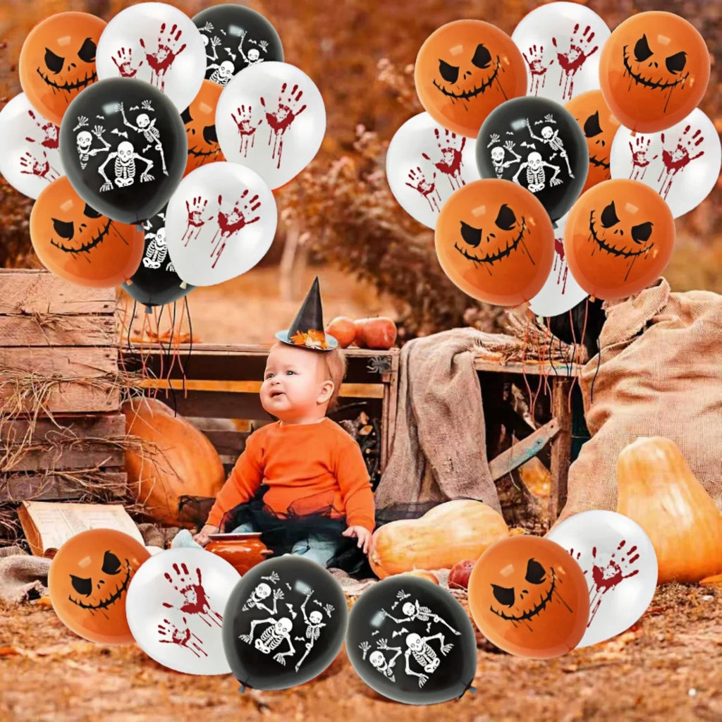Halloweenballoner med græskar, skeletter og håndaftryk | Balloween