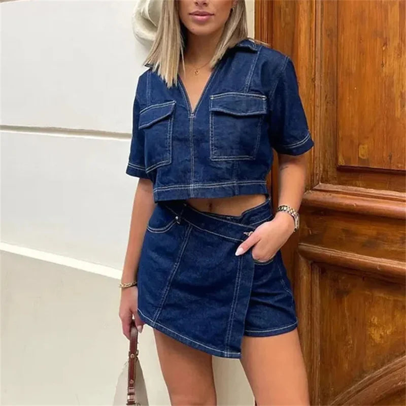 Cropped Denim Bluse Klassisk Krave | Luseva