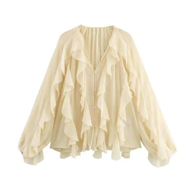 Dame Chiffonbluse V-Hals Flæser | Avelis