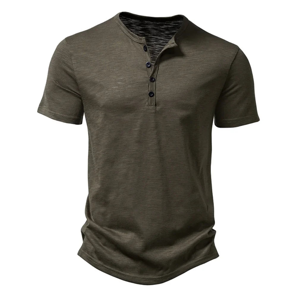 Elvorn Pike Kortærmet Herre T-Shirt Bomuld Henley Krave Sommer Casual