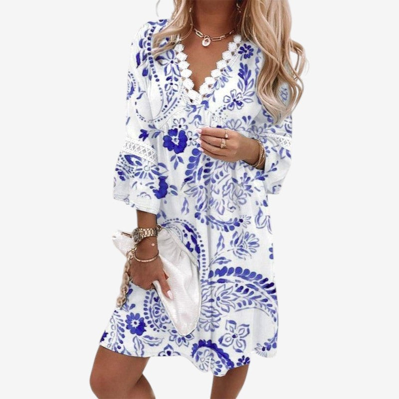 Mini Kjole Blomsterprint Oversized og v-udskaering | Luciana