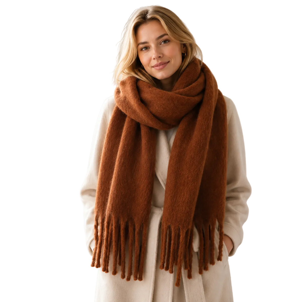 Langt damesjal i kashmir-look med frynser let design 240 cm | Isabelle