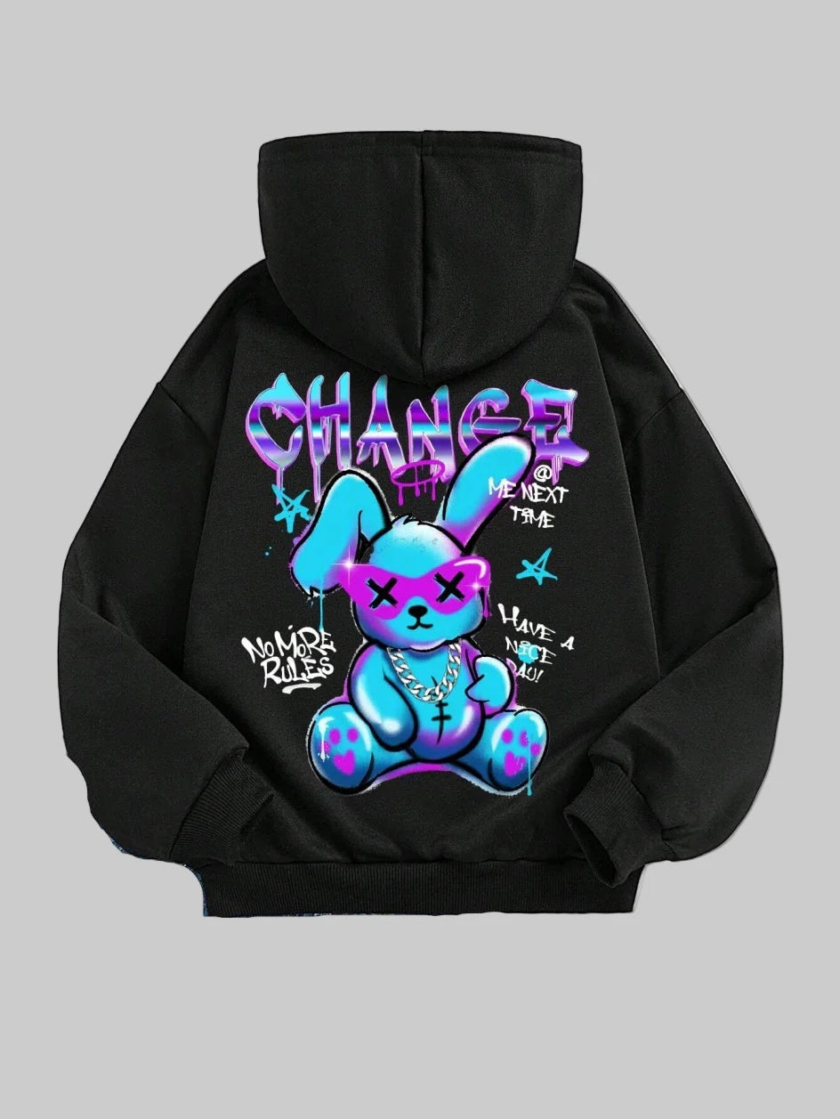 Unisex Hoodie i Fleece med Print – Casual Pullover til Efterår & Vinter