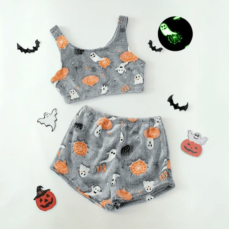 Halloween Pyjamassæt Dame Spøgelse Selvlysende Top Shorts Nattøj | Cristina