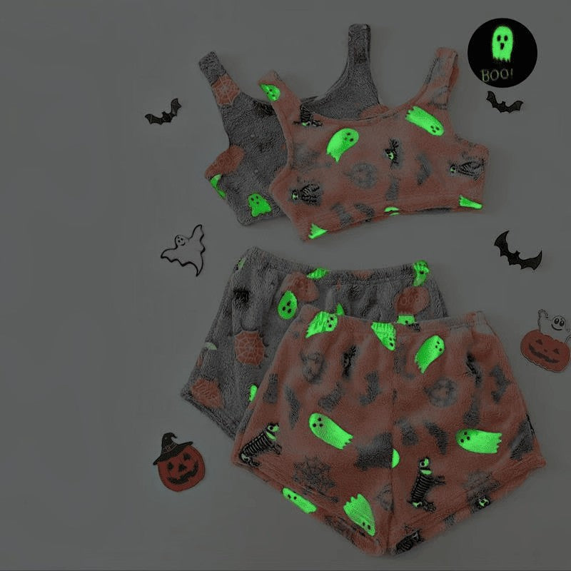 Halloween Pyjamassæt Dame Spøgelse Selvlysende Top Shorts Nattøj | Cristina
