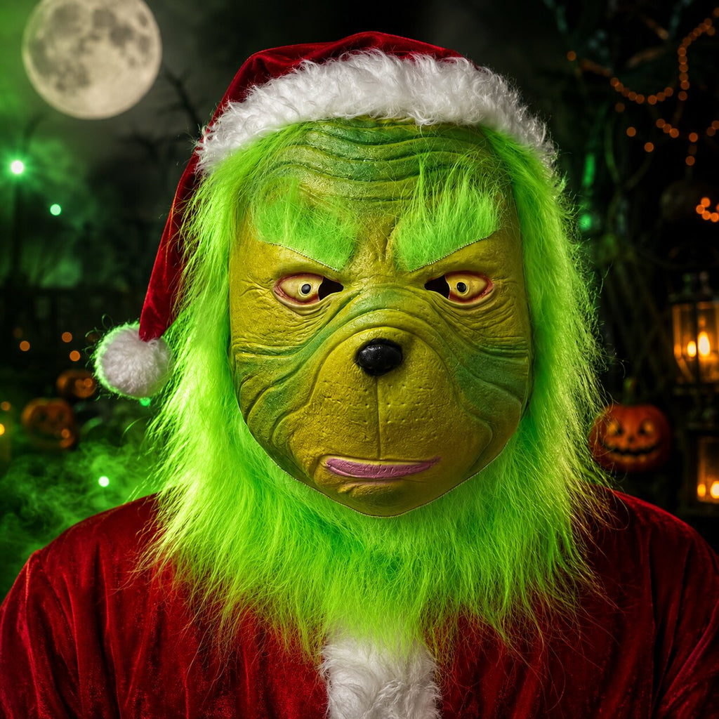 Grønt julekostume med maske rød overdel og matchende kostumedele  | Quitterie