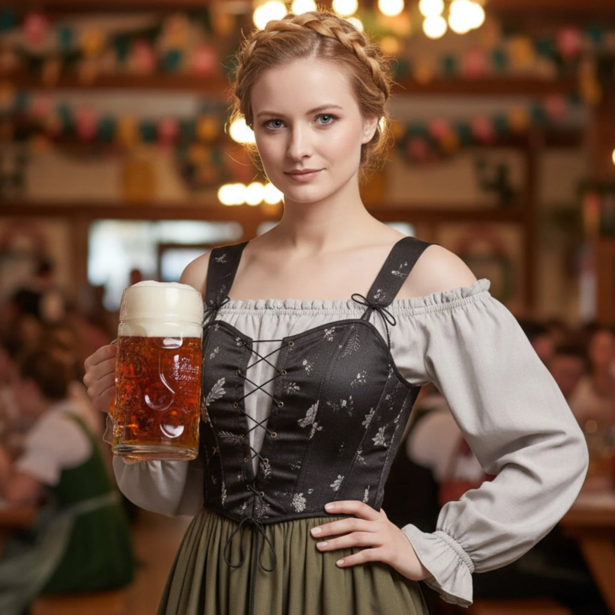 Dirndl-kjole til kvinder med puffærmer langt skørt og forklæde Oktoberfest | Lucía
