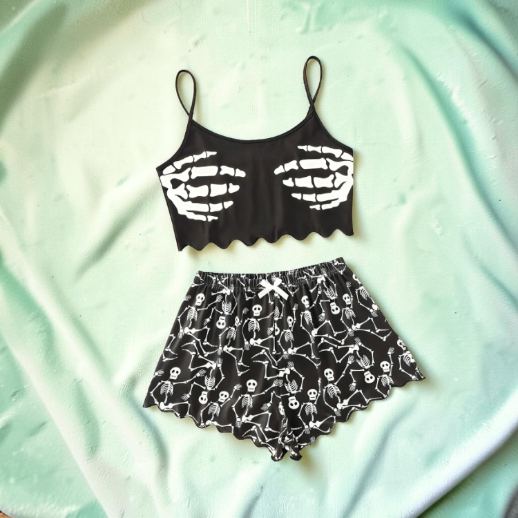 Halloween Pyjamassæt Dame Cropped Top Shorts Græskar Skelet | Celestina