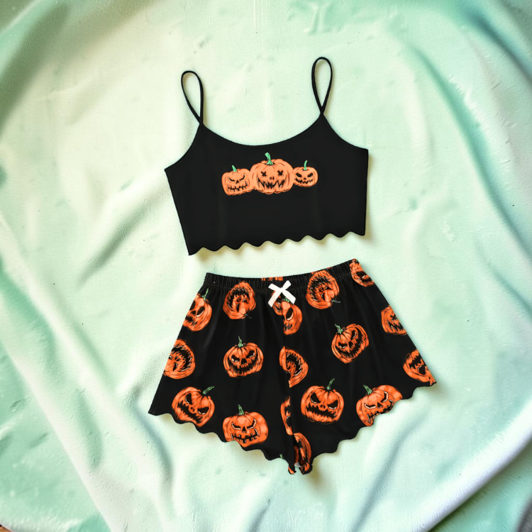 Halloween Pyjamassæt Dame Cropped Top Shorts Græskar Skelet | Celestina
