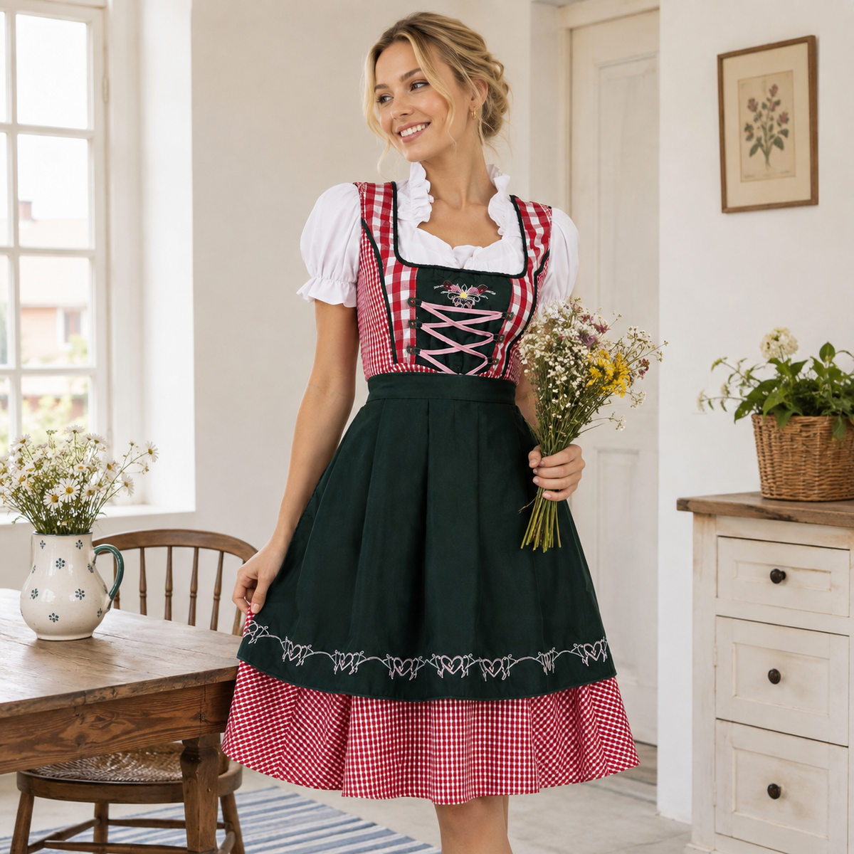 Dirndl-sæt til kvinder med ternede seler bluse nederdel Oktoberfest | Mathilde