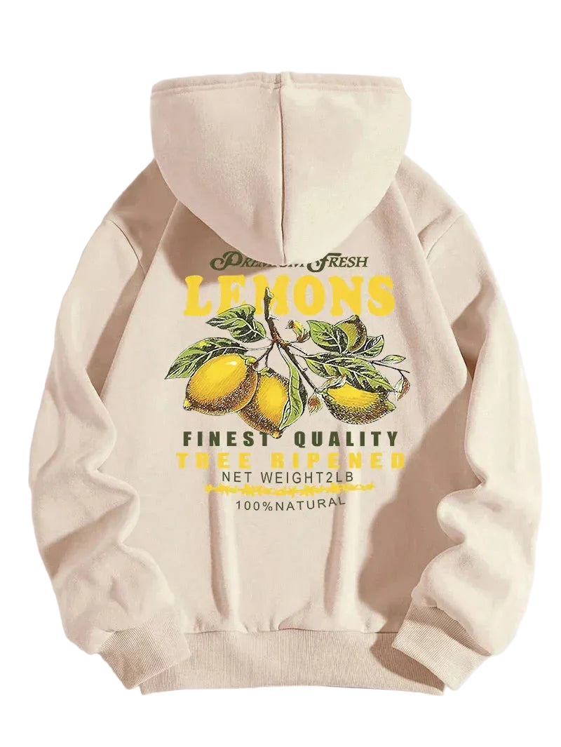 Unisex Hoodie Citron Print Afslappet Pasform Blød Bomuld | Zenvy