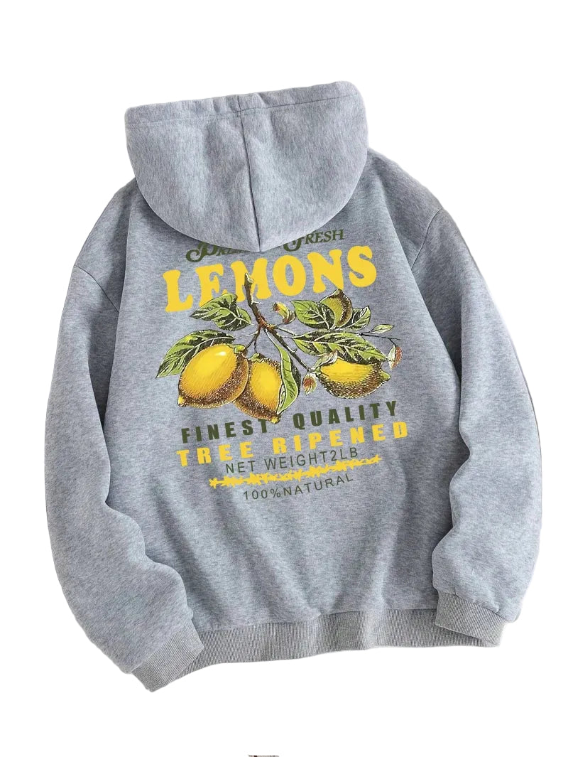 Unisex Hoodie Citron Print Afslappet Pasform Blød Bomuld | Zenvy