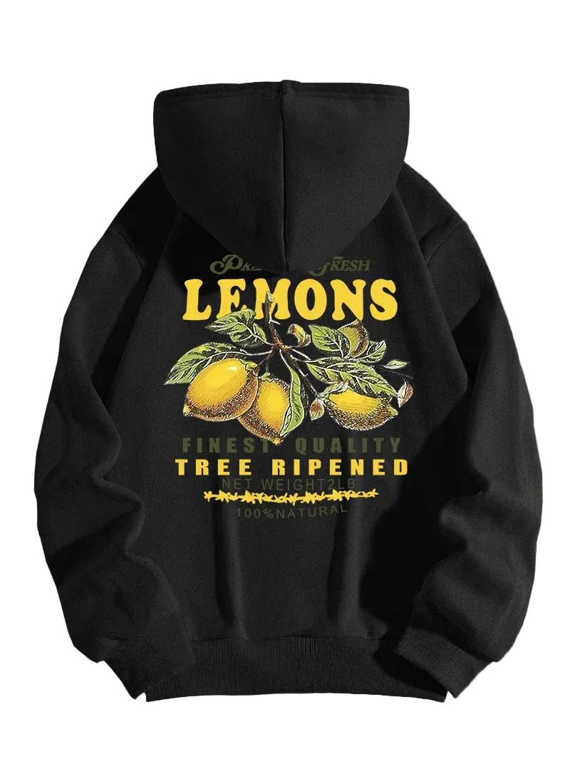 Unisex Hoodie Citron Print Afslappet Pasform Blød Bomuld | Zenvy