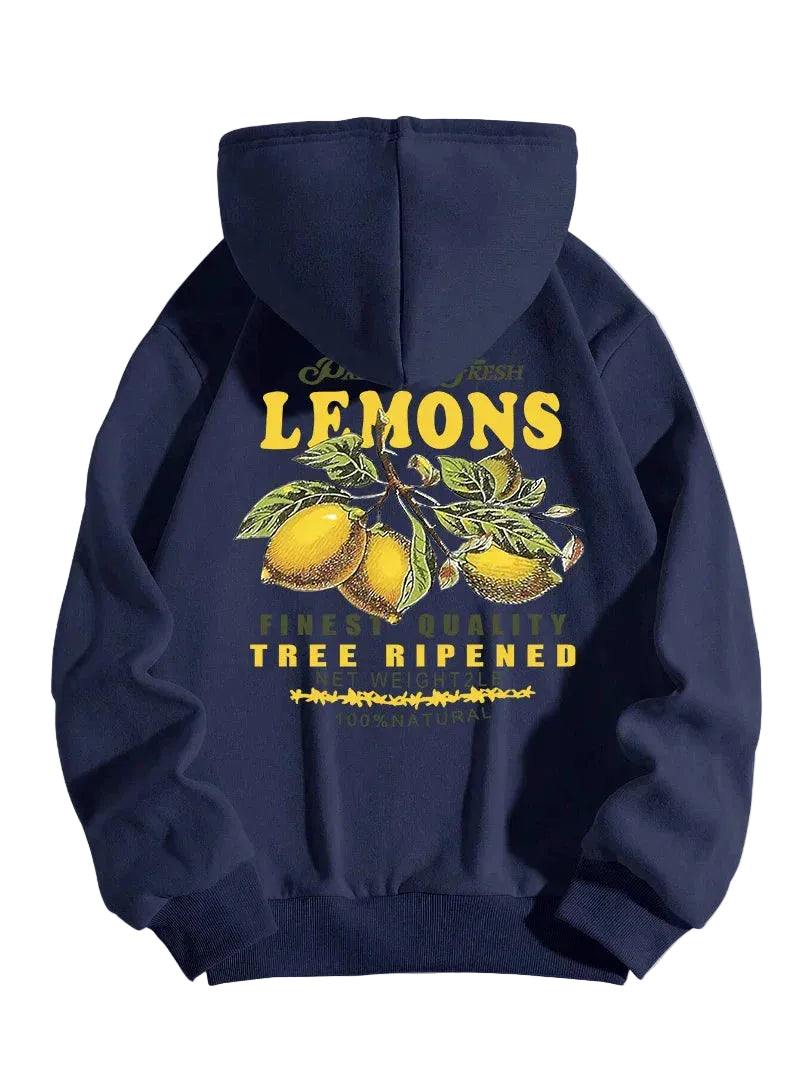Unisex Hoodie Citron Print Afslappet Pasform Blød Bomuld | Zenvy