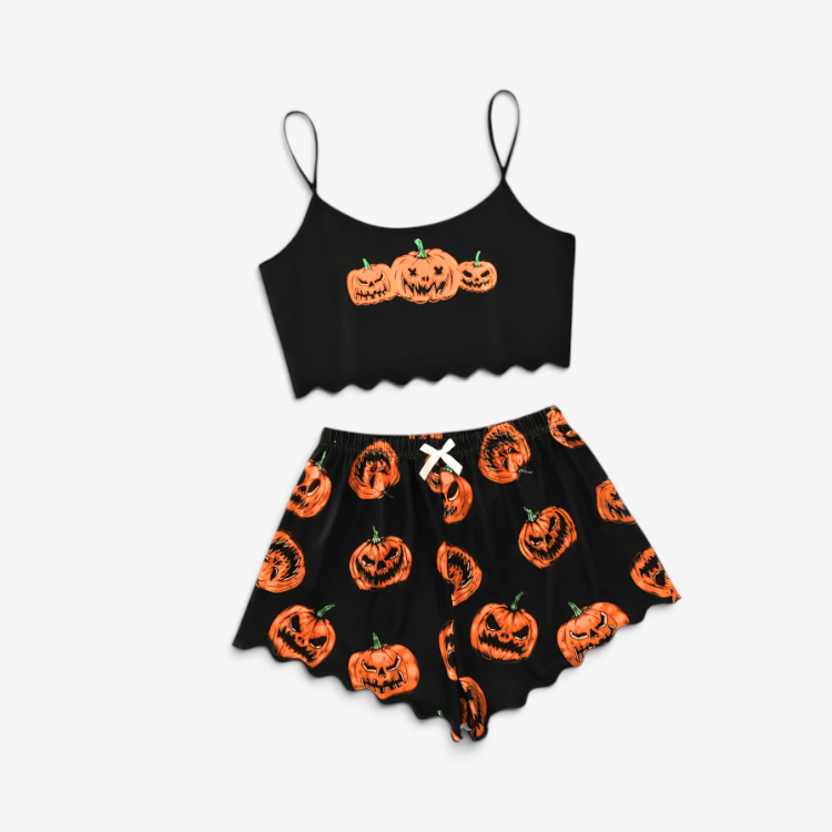 Halloween Pyjamassæt Dame Cropped Top Shorts Græskar Skelet | Celestina