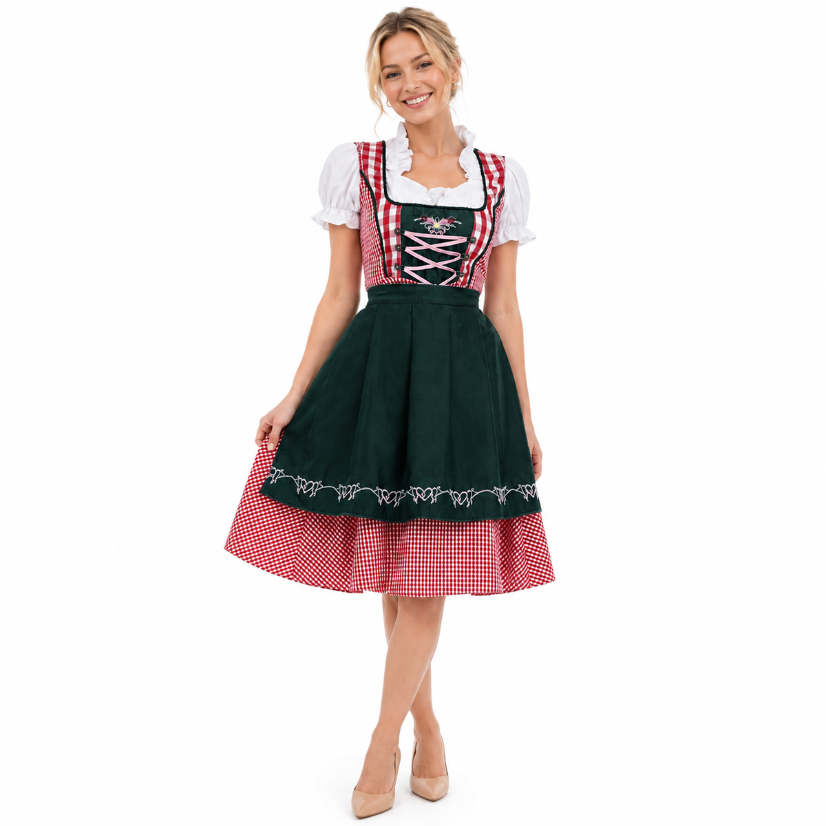 Dirndl-sæt til kvinder med ternede seler bluse nederdel Oktoberfest | Mathilde