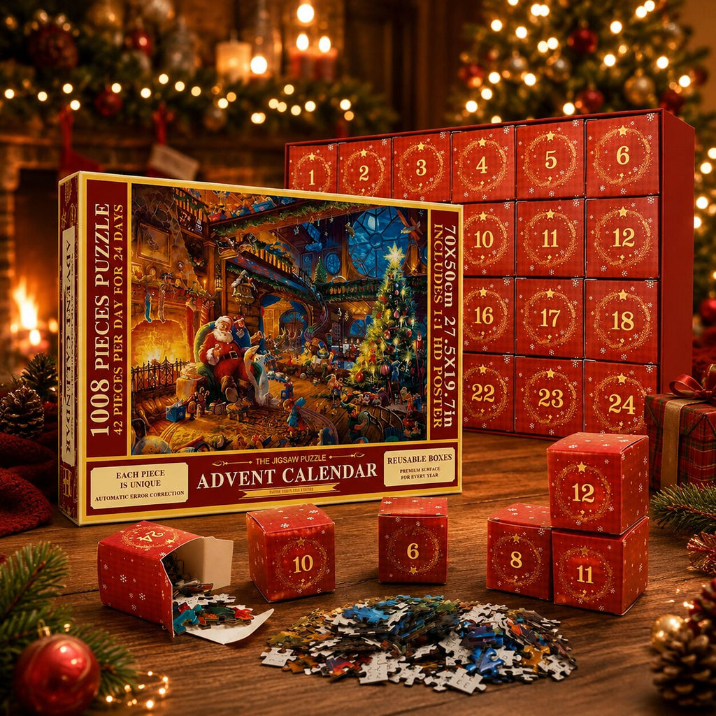 Julepuslespil adventskalender med dekorativt motiv og plakat | Pulucía