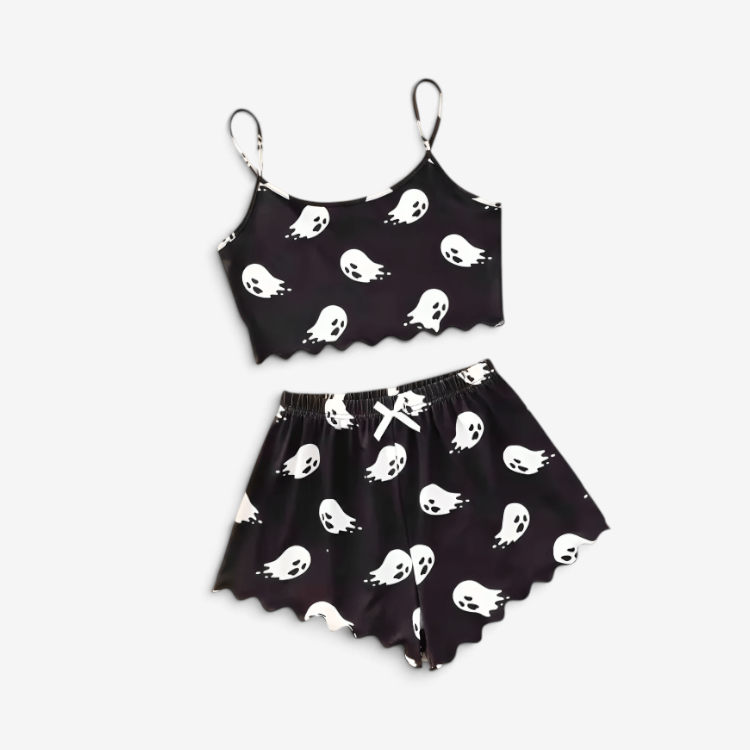 Halloween Pyjamassæt Dame Cropped Top Shorts Græskar Skelet | Celestina