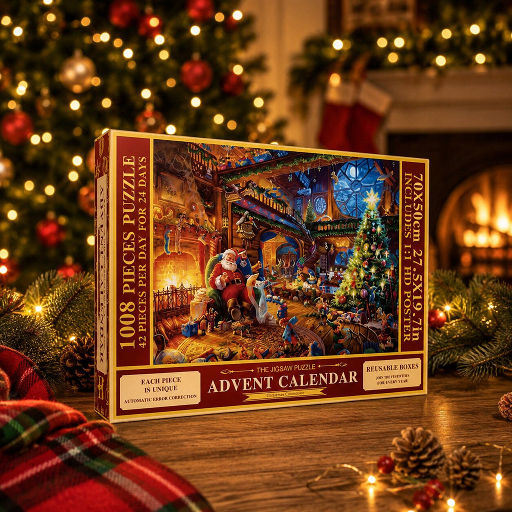 Julepuslespil adventskalender med dekorativt motiv og plakat | Pulucía
