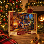 Julepuslespil adventskalender med dekorativt motiv og plakat | Pulucía