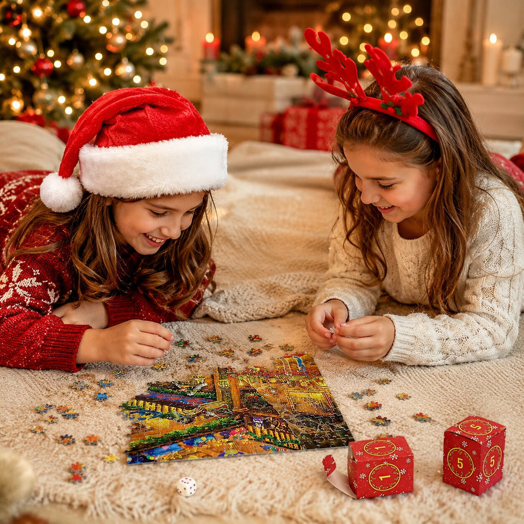 Julepuslespil adventskalender med dekorativt motiv og plakat | Pulucía