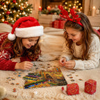 Julepuslespil adventskalender med dekorativt motiv og plakat | Pulucía