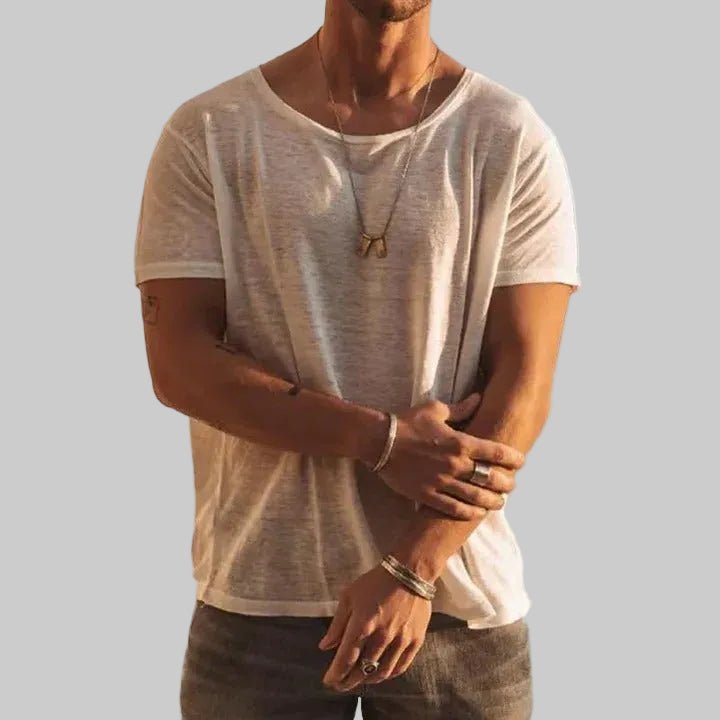 Men's Round Neck T-Shirt Short Sleeve Cotton Casual - White
