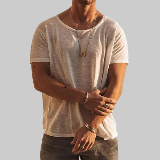 Men's Round Neck T-Shirt Short Sleeve Cotton Casual - White