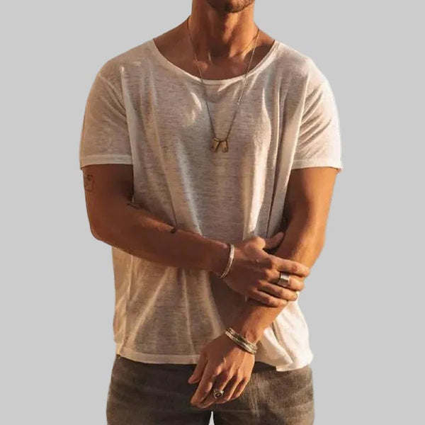 Men's Round Neck T-Shirt Short Sleeve Cotton Casual - White