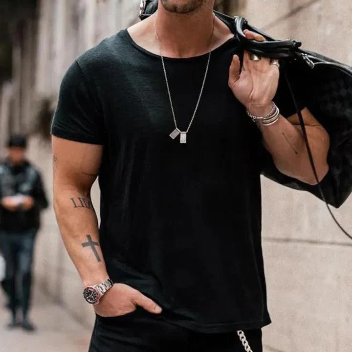 Men's Round Neck T-Shirt Short Sleeve Cotton Casual - Black