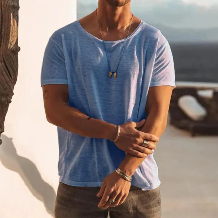 Men's Round Neck T-Shirt Short Sleeve Cotton Casual - Light Blue