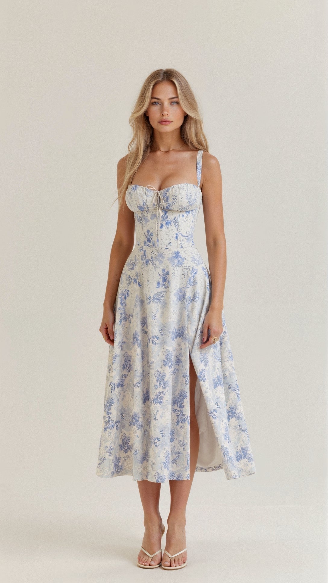 Midi damekjole med blomsterprint og justerbare stropper – Floravienne