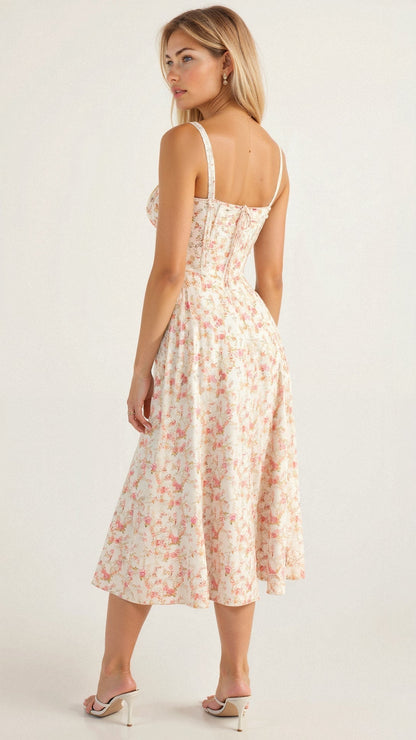 Midi damekjole med blomsterprint og justerbare stropper – Floravienne