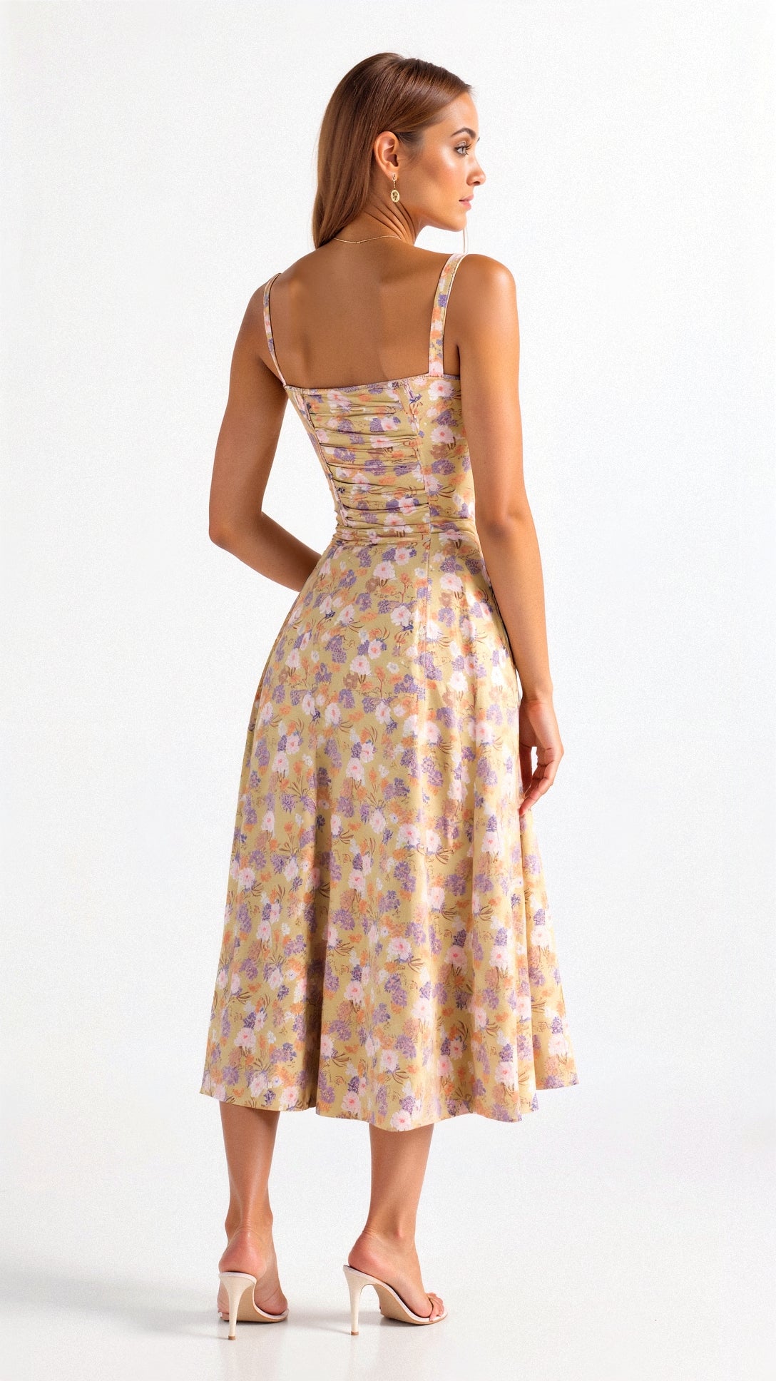 Midi damekjole med blomsterprint og justerbare stropper – Floravienne