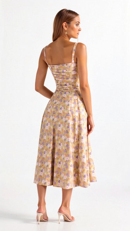 Midi damekjole med blomsterprint og justerbare stropper – Floravienne