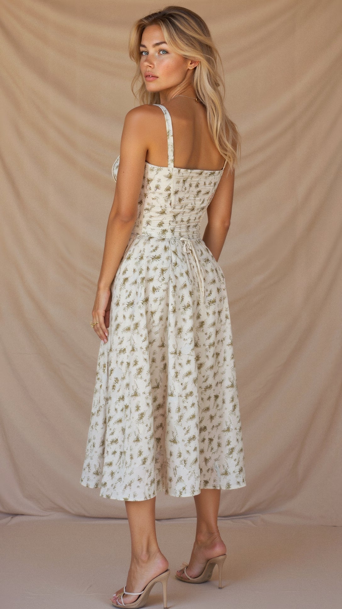Midi damekjole med blomsterprint og justerbare stropper – Floravienne