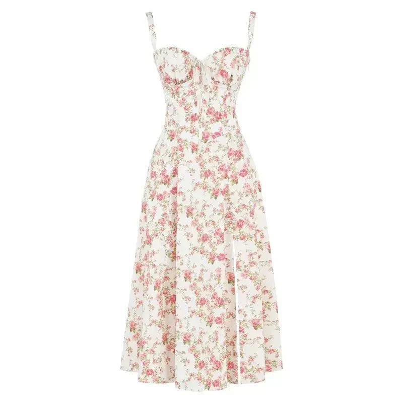 Midi damekjole med blomsterprint og justerbare stropper – Floravienne